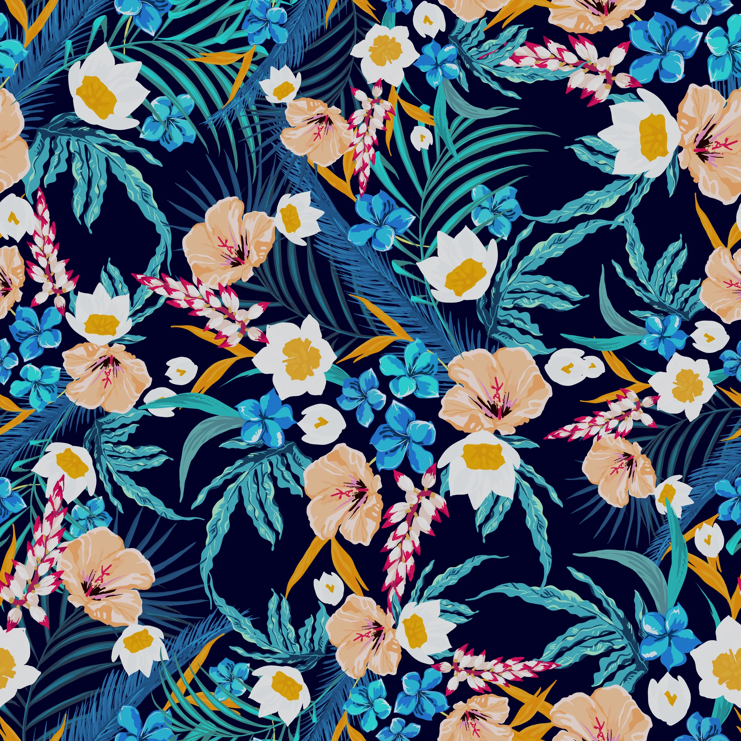Colorful tropical floral pattern with hibiscus, palm fronds, and small blue flowers on dark background.