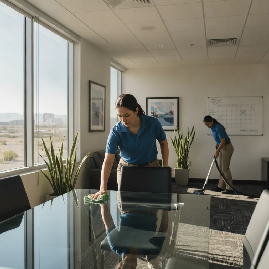 Two cleaning professionals in blue shirts cleaning an office space with windows overlooking a city.
